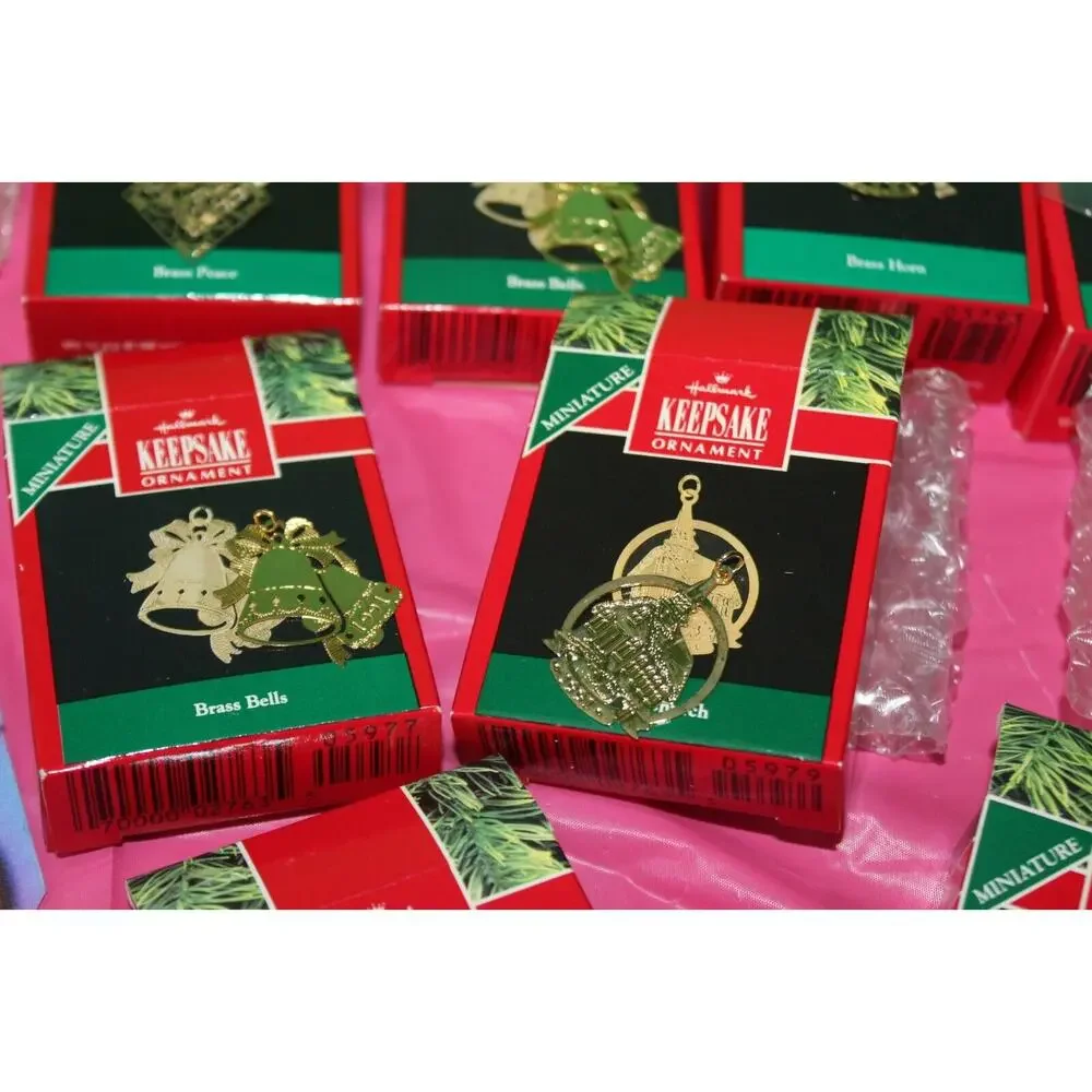 9 Piece Miniature Hallmark Christmas Holiday Ornaments 1990-1991 Brass Plated